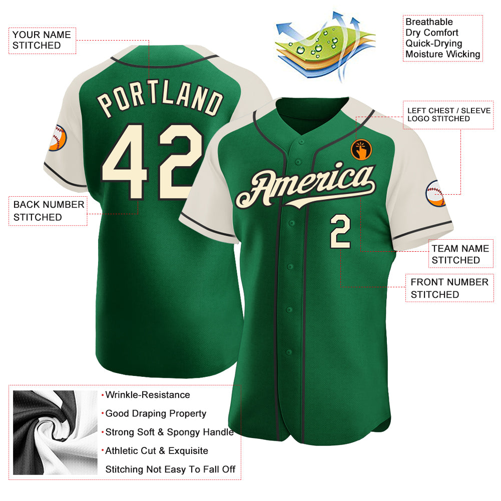 Personalized Kelly Green Cream-Black Authentic Raglan Sleeves Baseball Jersey Team Custom Name and Number Custom Name and Number Baseball Jersey - Personalized Kelly Green and Black Authentic Raglan Sleeves Personalized Kelly Green - Image 3