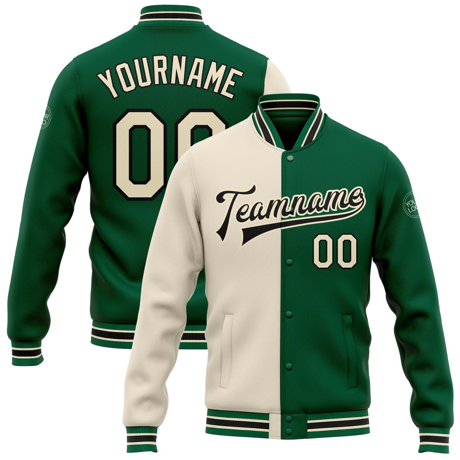Custom Varsity Letterman Jacket for Team - Personalized Kelly Green Cream-Black Bomber Full-Snap Fashion Jacket with Name & Number