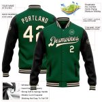 Personalized Green Cream Black Two Tone Bomber Varsity Letterman Full-Snap Jacket Personalized Kelly Green Cream-Black Bomber