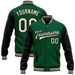 Personalized Green Cream Black Two Tone Bomber Varsity Letterman Full-Snap Jacket Personalized Kelly Green Cream-Black Bomber