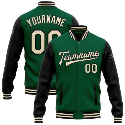 Personalized Green Cream Black Two Tone Bomber Varsity Letterman Full-Snap Jacket Personalized Kelly Green Cream-Black Bomber