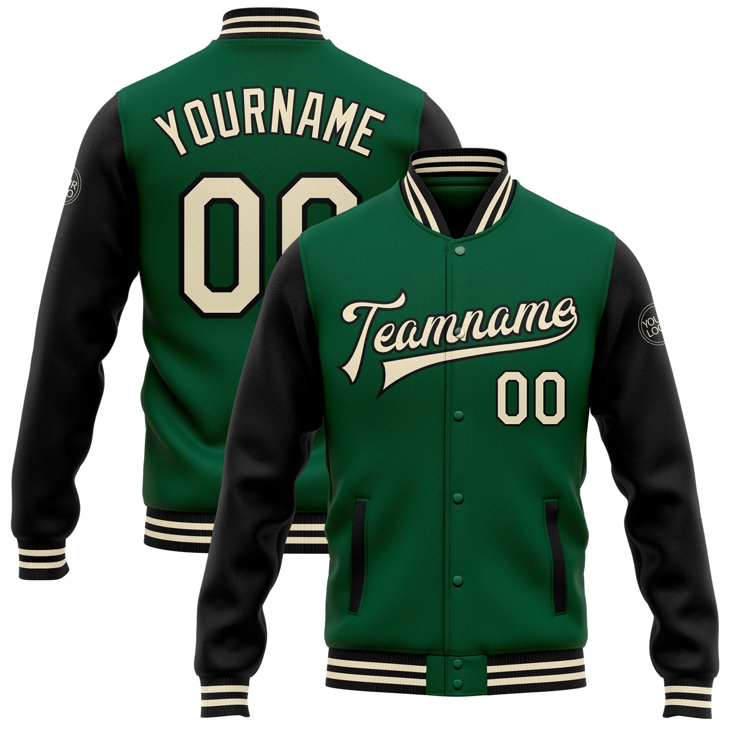 Personalized Green Cream Black Two Tone Bomber Varsity Letterman Full-Snap Jacket Personalized Kelly Green Cream-Black Bomber