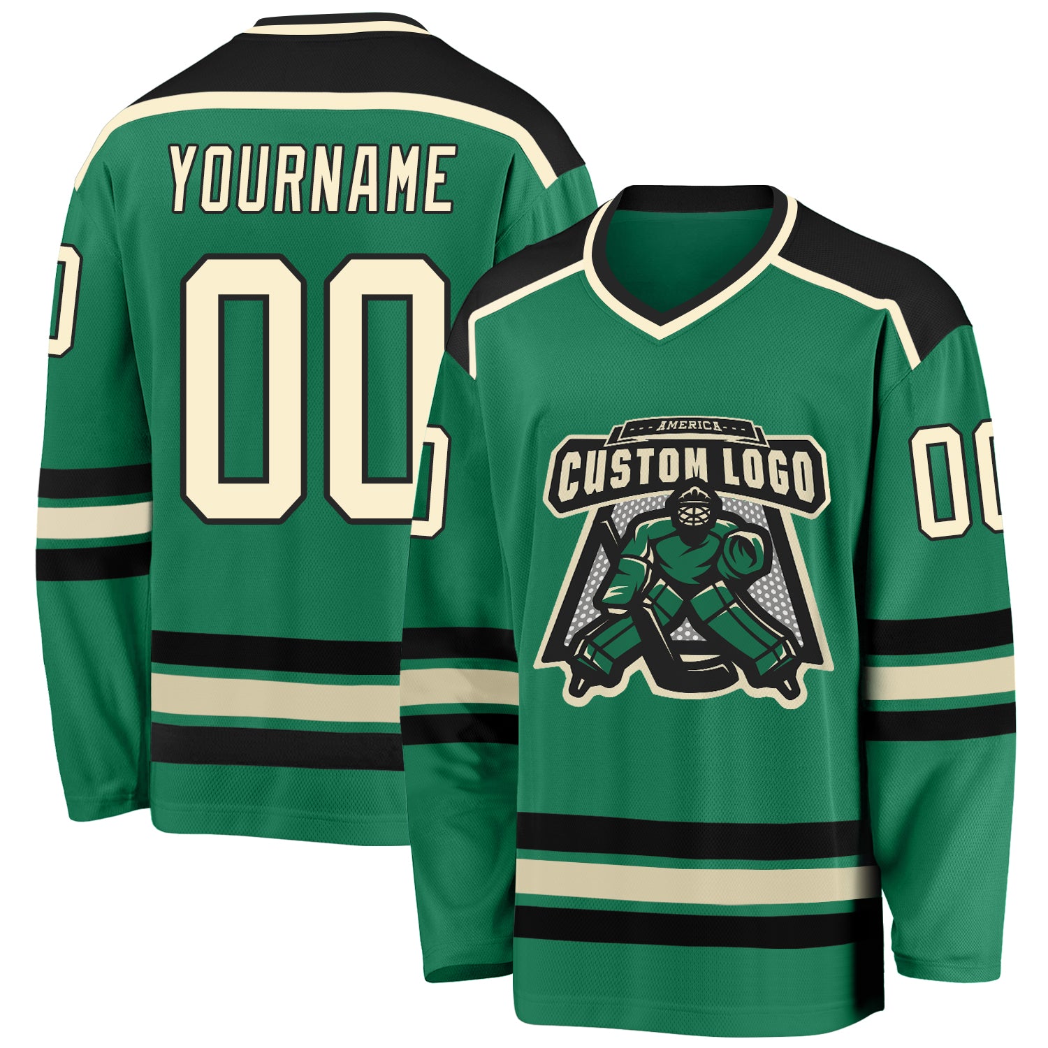 Personalized Hockey Jersey in Kelly Green with Cream and Black Design Personalized Kelly Green Cream-Black Hockey Jersey