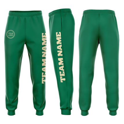 Custom Team Name and Number Kelly Green Fleece Jogger Sweatpants - Personalized Cream Athletic Pants Personalized Kelly Green