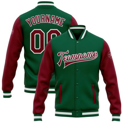 Custom Name and Number Kelly Green Crimson-White Varsity Letterman Bomber Full-Snap Two Tone Jacket Personalized Kelly Green