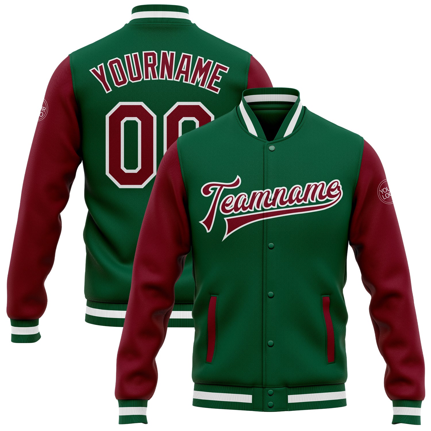 Custom Name and Number Kelly Green Crimson-White Varsity Letterman Bomber Full-Snap Two Tone Jacket Personalized Kelly Green