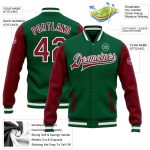 Custom Name and Number Kelly Green Crimson-White Varsity Letterman Bomber Full-Snap Two Tone Jacket Personalized Kelly Green