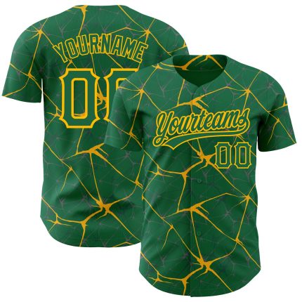 Custom Name and Number Authentic Baseball Jersey in Kelly Green with Gold 3D Pattern Design - Personalized Team Jersey Personalized