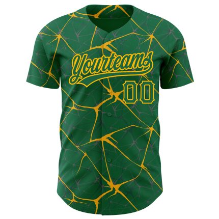 Custom Name and Number Authentic Baseball Jersey in Kelly Green with Gold 3D Pattern Design - Personalized Team Jersey Personalized