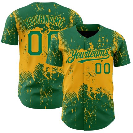Custom Name and Number Authentic Baseball Jersey - Personalized Kelly Green Gold 3D Pattern Abstract Splatter Grunge Art Design