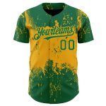 Custom Name and Number Authentic Baseball Jersey - Personalized Kelly Green Gold 3D Pattern Abstract Splatter Grunge Art Design
