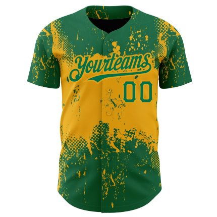 Custom Name and Number Authentic Baseball Jersey - Personalized Kelly Green Gold 3D Pattern Abstract Splatter Grunge Art Design
