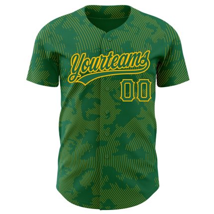 Personalized Custom Name and Number Authentic Baseball Jersey, Kelly Green with Gold 3D Pattern Curve Lines Design Personalized