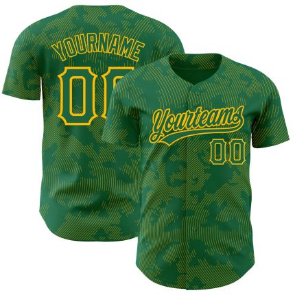 Personalized Custom Name and Number Authentic Baseball Jersey, Kelly Green with Gold 3D Pattern Curve Lines Design Personalized