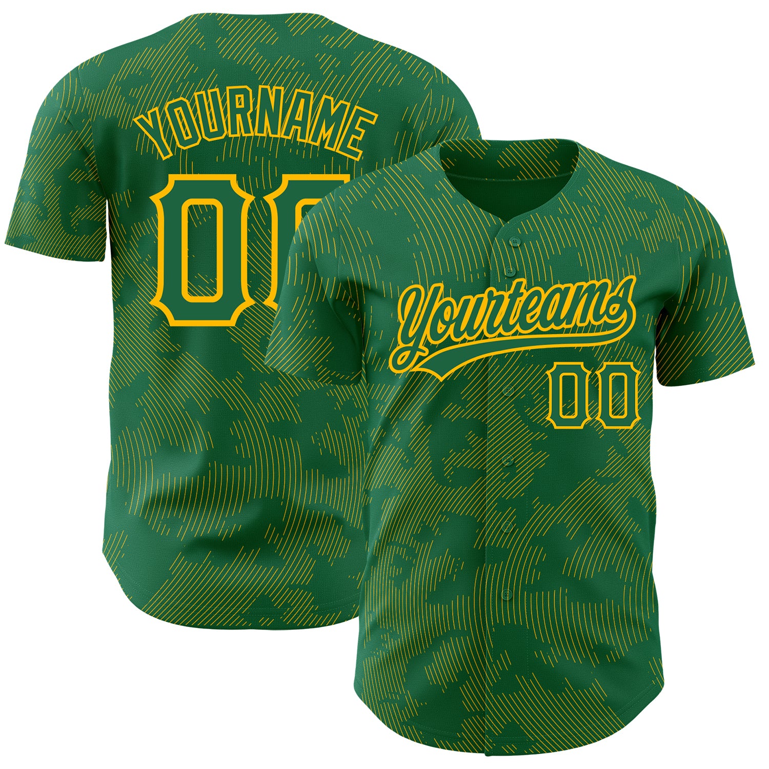 Personalized Custom Name and Number Authentic Baseball Jersey, Kelly Green with Gold 3D Pattern Curve Lines Design Personalized