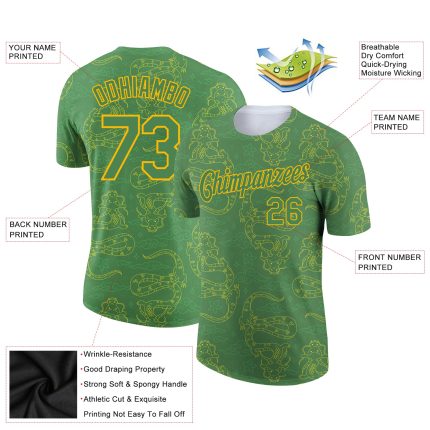 Custom Name and Number Dragon Performance T-Shirt - 3D Pattern Design in Kelly Green and Gold Personalized Kelly Green Gold