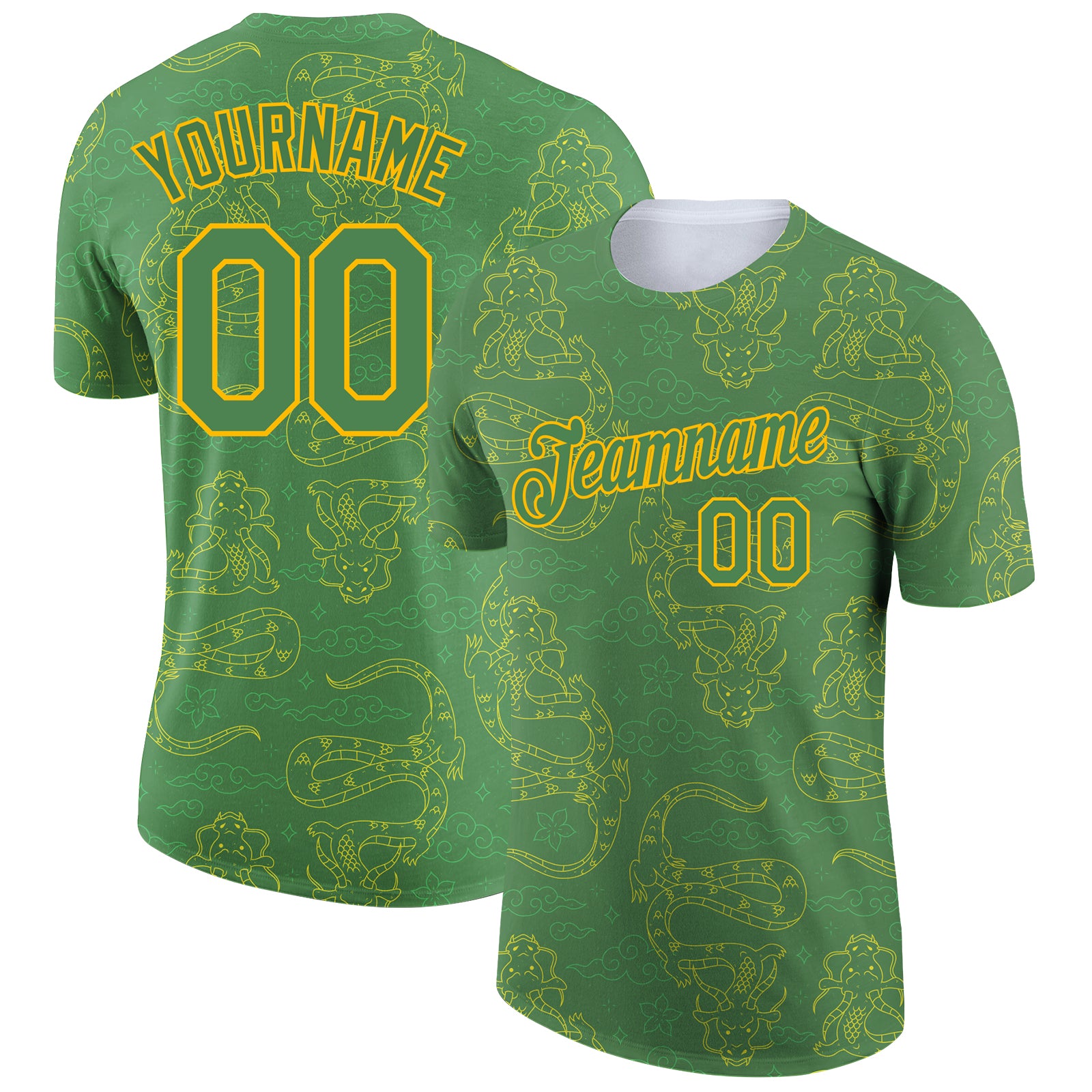 Custom Name and Number Dragon Performance T-Shirt - 3D Pattern Design in Kelly Green and Gold Personalized Kelly Green Gold
