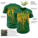 Custom Baseball Jersey with Dripping Splatter Art in Kelly Green and Gold - Personalized Team Name and Number Personalized