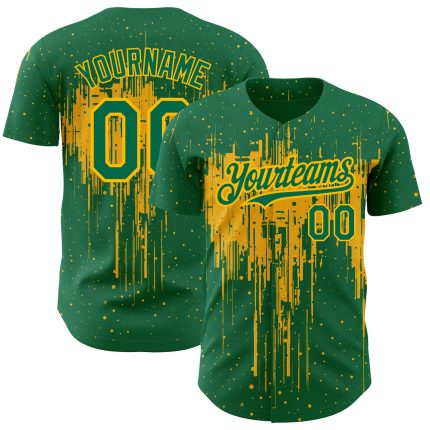 Custom Baseball Jersey with Dripping Splatter Art in Kelly Green and Gold - Personalized Team Name and Number Personalized