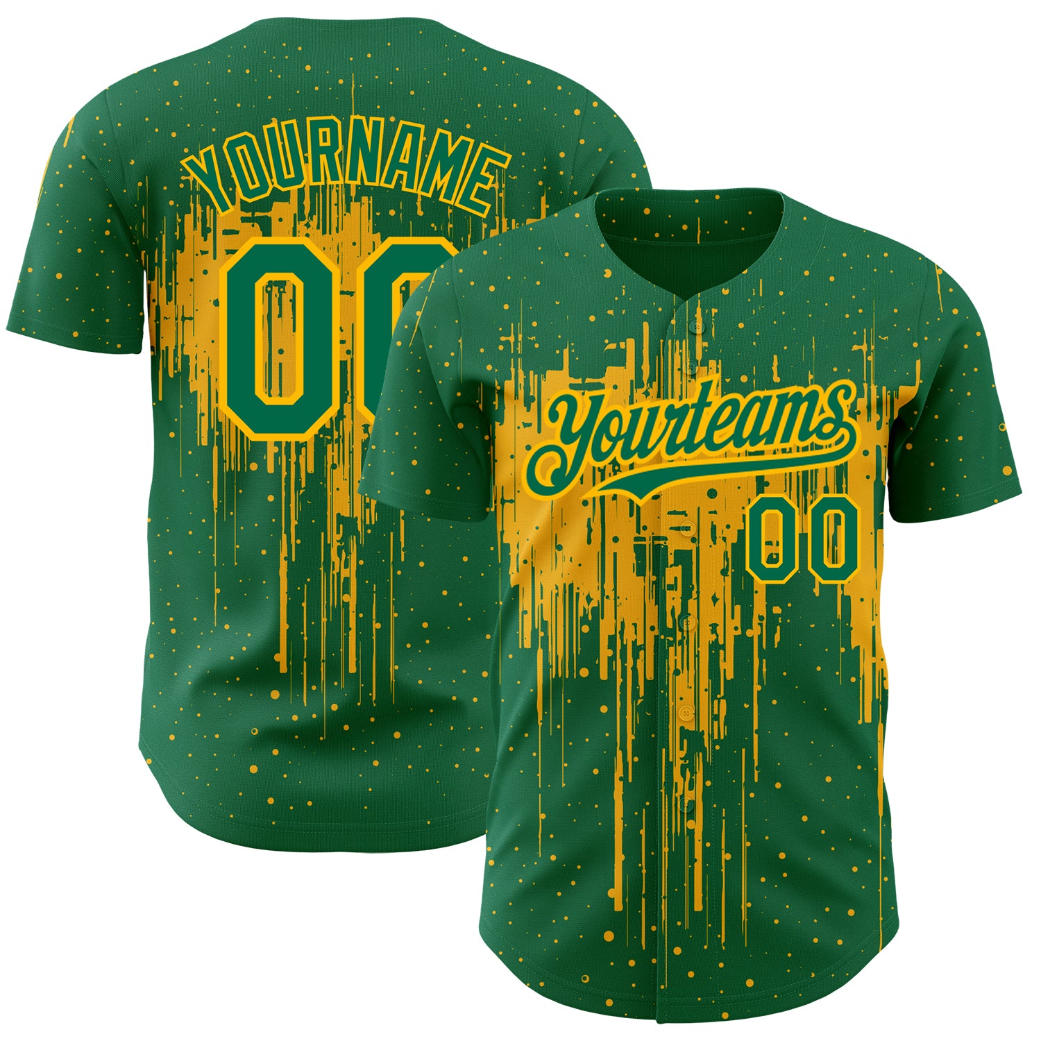 Custom Baseball Jersey with Dripping Splatter Art in Kelly Green and Gold - Personalized Team Name and Number Personalized