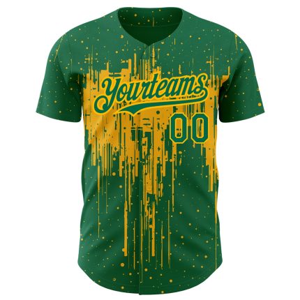 Custom Baseball Jersey with Dripping Splatter Art in Kelly Green and Gold - Personalized Team Name and Number Personalized