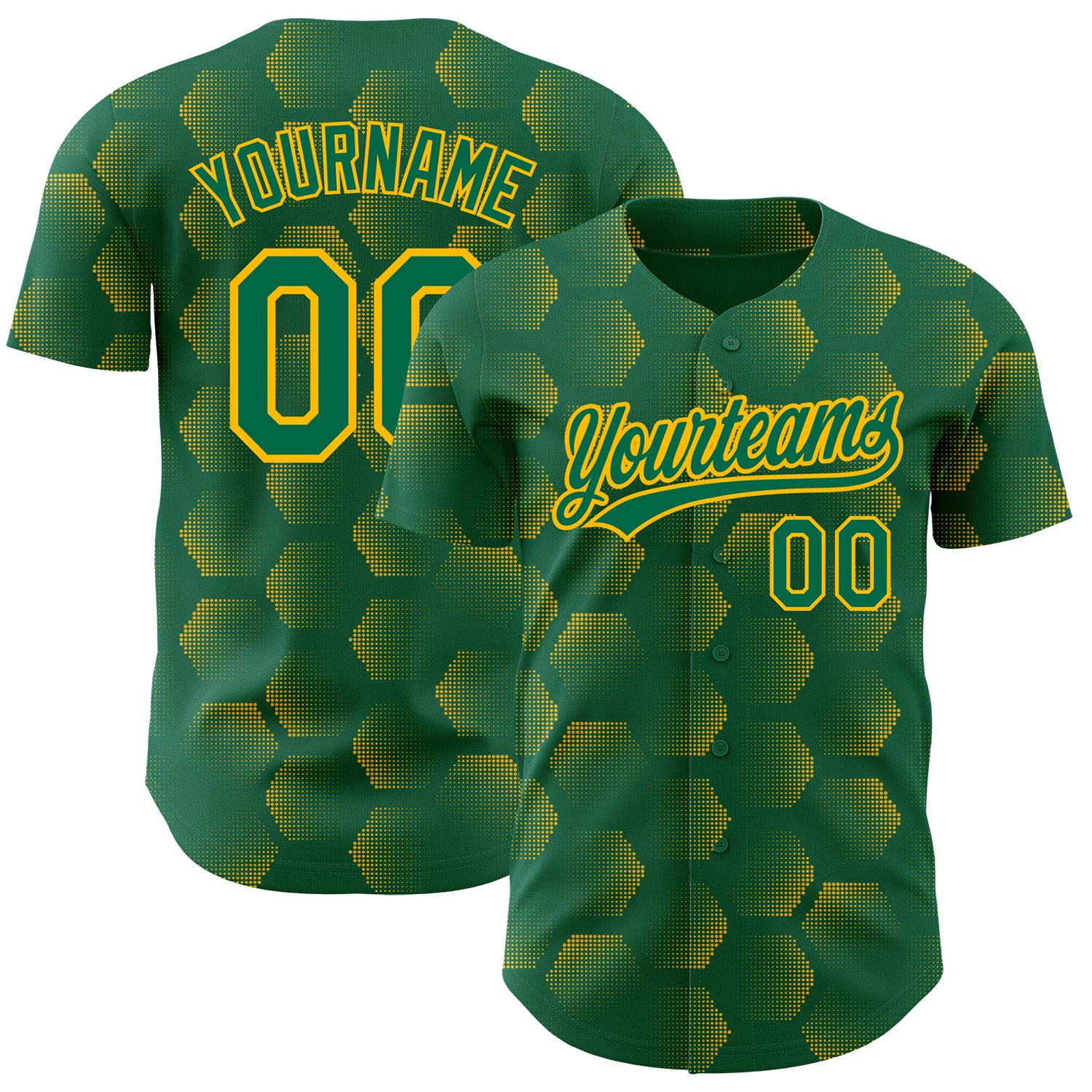 Custom Name Number Baseball Jersey - Kelly Green Gold 3D Pattern Geometric Halftone Design Personalized Kelly Green Gold