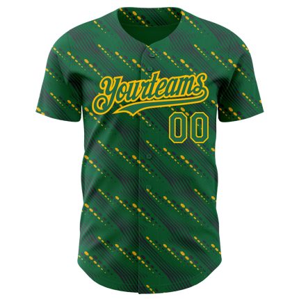 Custom Name and Number Authentic Baseball Jersey in Kelly Green and Gold 3D Pattern Design with Slant Lines Personalized