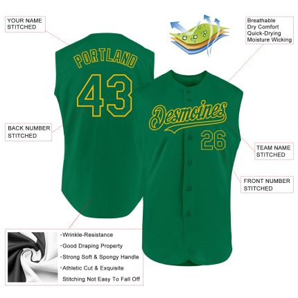 Custom Name and Number Personalized Authentic Sleeveless Baseball Jersey in Kelly Green and Gold Personalized Kelly Green