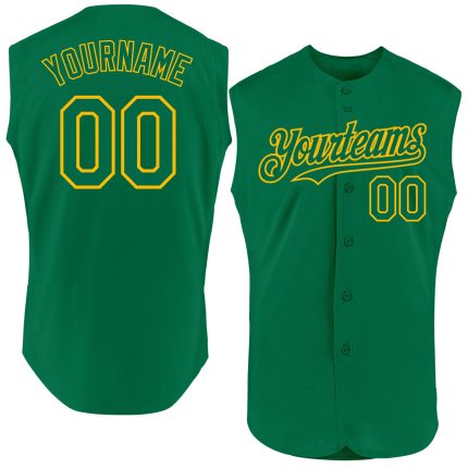 Custom Name and Number Personalized Authentic Sleeveless Baseball Jersey in Kelly Green and Gold Personalized Kelly Green