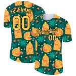 Custom Name and Number Kelly Green 3D Pattern Doodle Performance T-Shirt - Gold-Black Design Team Apparel Personalized Kelly