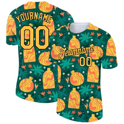 Custom Name and Number Kelly Green 3D Pattern Doodle Performance T-Shirt - Gold-Black Design Team Apparel Personalized Kelly