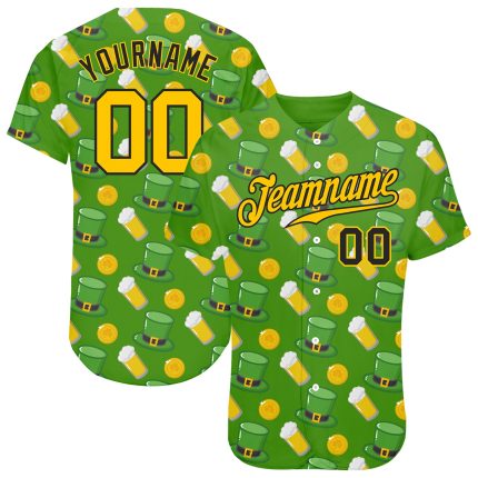 Custom Name & Number St. Patricks Day Baseball Jersey - Personalized Kelly Green Gold-Black 3D Pattern Design Personalized