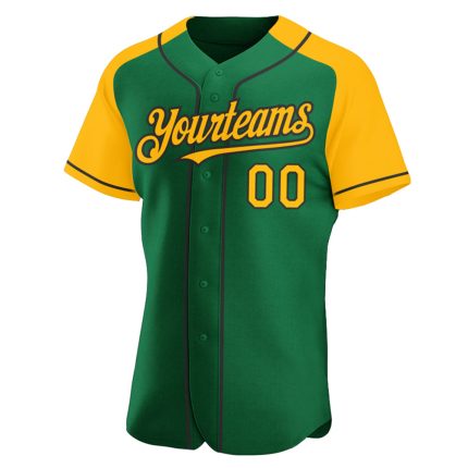 Personalized Custom Name and Number Kelly Green Gold-Black Baseball Jersey with Raglan Sleeves Personalized Kelly Green Gold-Black
