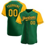 Personalized Custom Name and Number Kelly Green Gold-Black Baseball Jersey with Raglan Sleeves Personalized Kelly Green Gold-Black