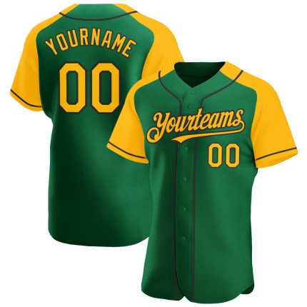 Personalized Custom Name and Number Kelly Green Gold-Black Baseball Jersey with Raglan Sleeves Personalized Kelly Green Gold-Black
