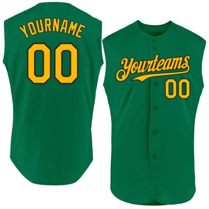 Custom Name and Number Baseball Jersey - Authentic Sleeveless Kelly Green with Gold-Black Design Personalized Kelly Green