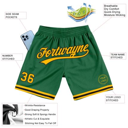 Custom Team Name Number Kelly Green Gold-Black Authentic Basketball Shorts - Personalized Throwback Style Personalized Kelly
