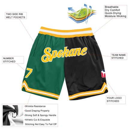 Custom Name and Number Kelly Green Gold-Black Basketball Shorts - Authentic Fashion Throwback Split Design Personalized Kelly