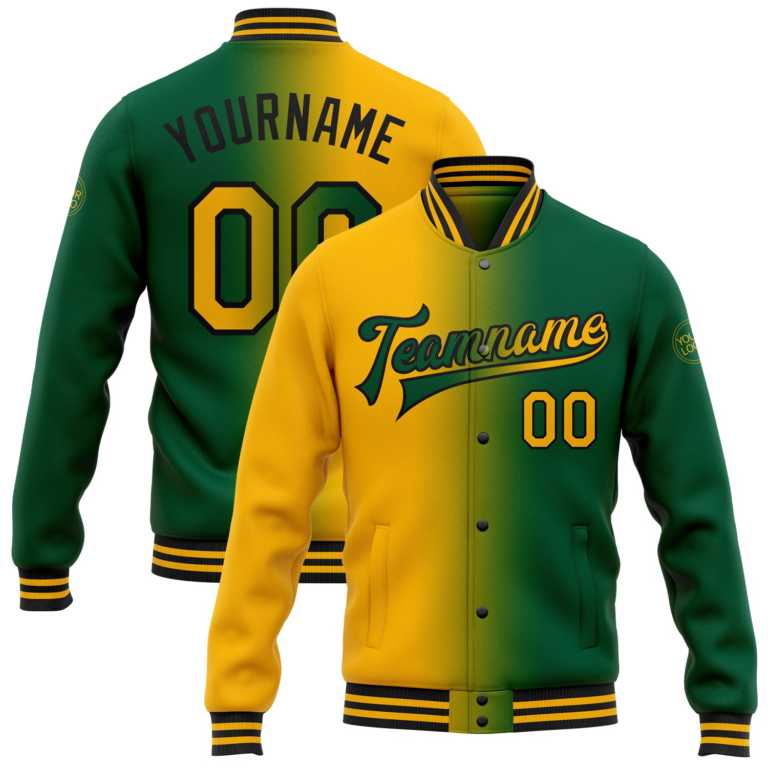 Custom Name Number Bomber Jacket Kelly Green Black Gold Gradient Varsity Full-Snap Fashion Team Letterman Personalized Kelly