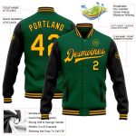 Custom Name Number Kelly Green Gold Black Varsity Bomber Jacket Full-Snap Two Tone Letterman Personalized Kelly Green Gold-Black