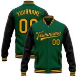 Custom Name Number Kelly Green Gold Black Varsity Bomber Jacket Full-Snap Two Tone Letterman Personalized Kelly Green Gold-Black