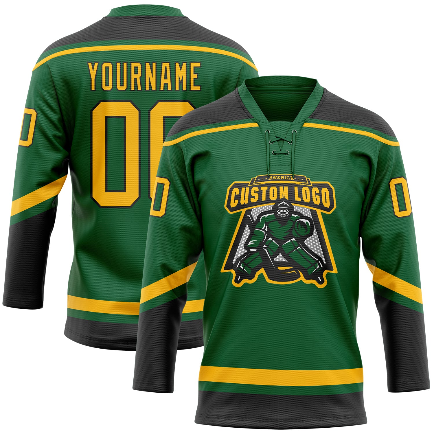 Personalized Kelly Green Gold-Black Hockey Lace Neck Jersey Team Custom Name and Number Custom Name and Number Hockey Lace Neck Jersey in Kelly Green with Gold and Black - Personalized Team Apparel Personalized - Image 2