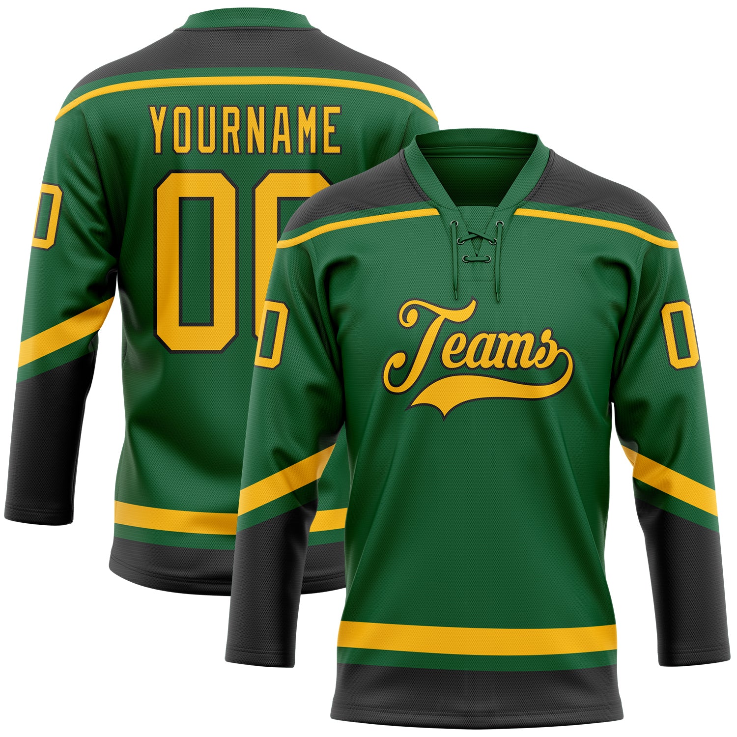Custom Name and Number Hockey Lace Neck Jersey in Kelly Green with Gold and Black - Personalized Team Apparel Personalized
