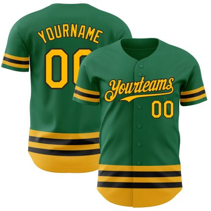 Custom Name & Number Authentic Baseball Jersey - Personalized Kelly Green Gold Black Line Team Jersey Personalized Kelly