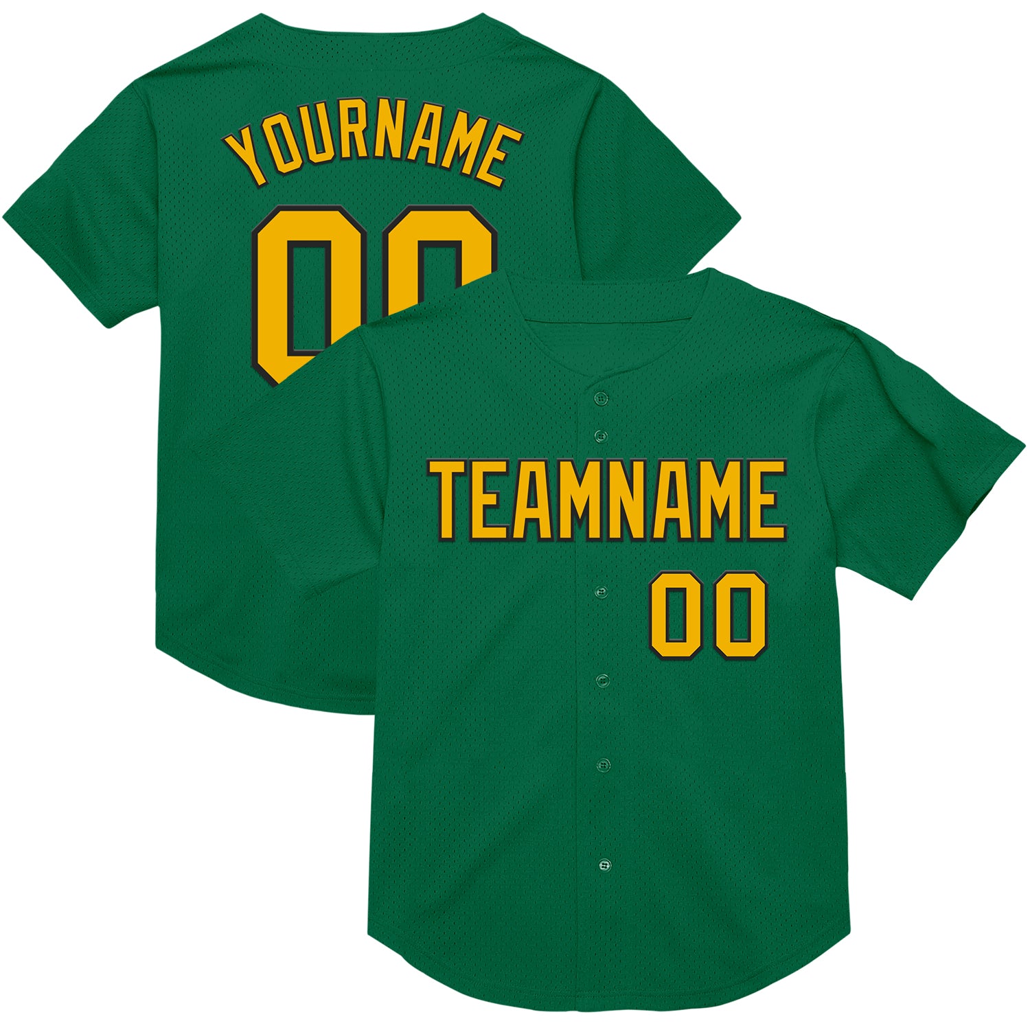 Custom Name and Number Throwback Baseball Jersey - Personalized Kelly Green Gold Black Mesh Design Personalized Kelly Green