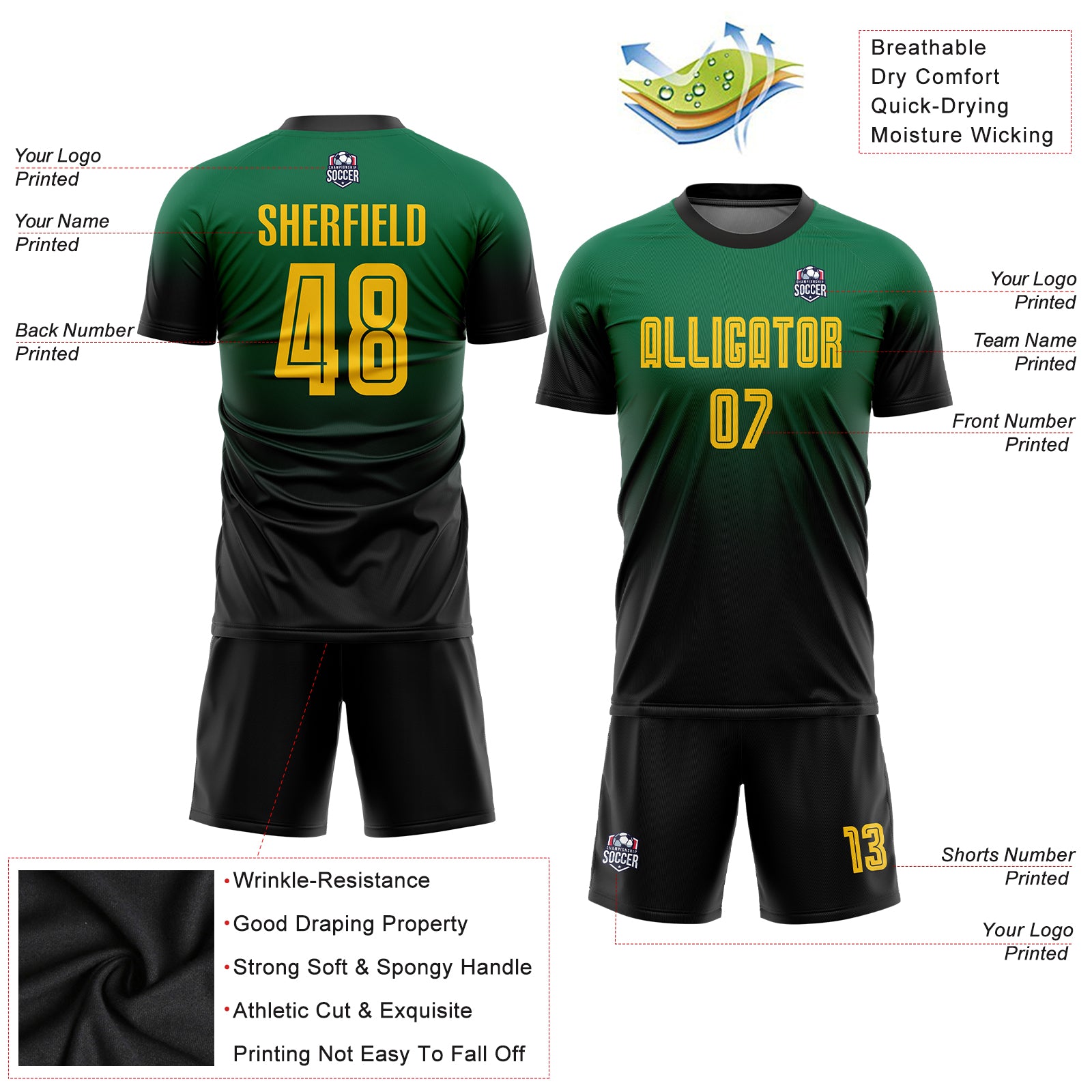 Personalized Kelly Green Gold-Black Sublimation Fade Fashion Soccer Uniform Jersey Team Custom Name and Number Custom Soccer Jersey with Personalized Name and Number, Kelly Green with Gold-Black Fade Design, Team Uniform Personalized - Image 3