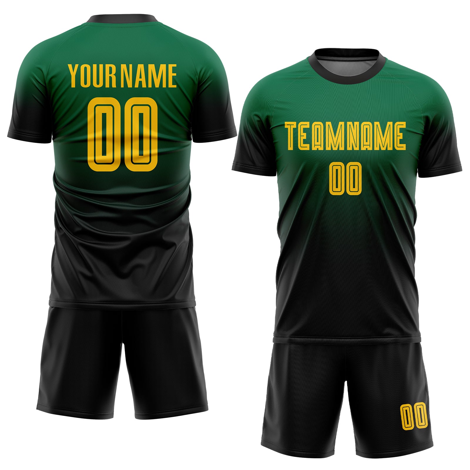 Personalized Kelly Green Gold-Black Sublimation Fade Fashion Soccer Uniform Jersey Team Custom Name and Number Custom Soccer Jersey with Personalized Name and Number, Kelly Green with Gold-Black Fade Design, Team Uniform Personalized - Image 2
