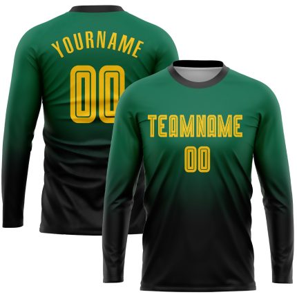 Custom Gold-Black Soccer Jersey with Fade Long Sleeve - Personalized Kelly Green Uniform with Team Name and Number Personalized