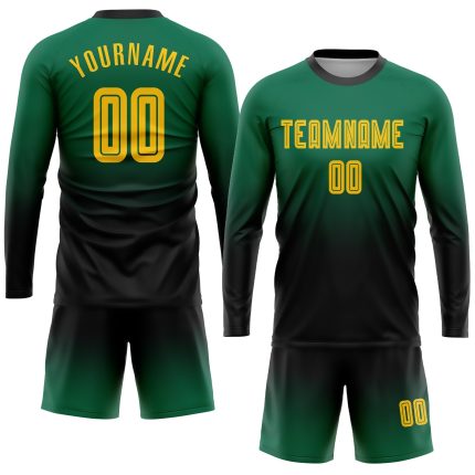 Custom Gold-Black Soccer Jersey with Fade Long Sleeve - Personalized Kelly Green Uniform with Team Name and Number Personalized