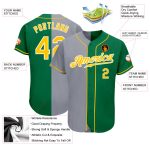 Custom Split Fashion Baseball Jersey with Name and Number in Kelly Green and Gold-Gray Personalized Kelly Green Gold-Gray